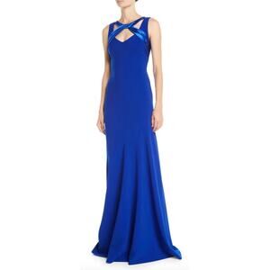 Theia Sleeveless Crepe Gown with Satin Crisscross in Blue